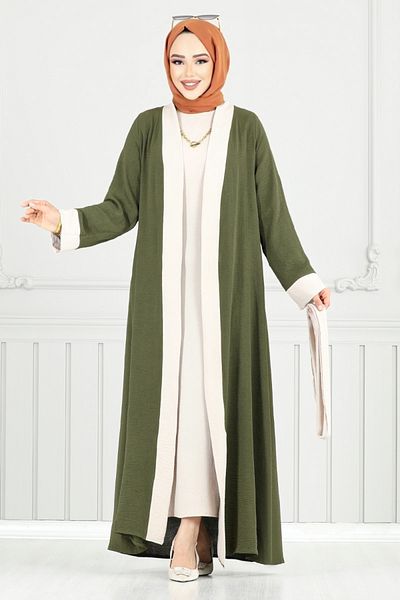 ModaMerve Waist Belted Abaya Set 0339Bgs895-M Khaki