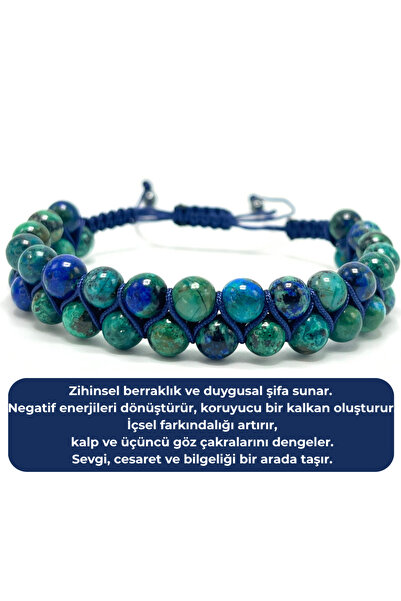 YILDIZ DOĞAL TAŞ SERTİFİKALI Azurit Malakit Çift Sıra Doğal Taş Makrome Bilek...