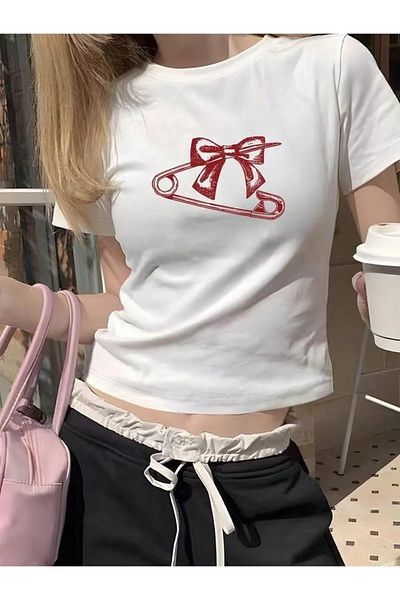 1blood Belt Length Paperclip Ribbon Printed Crop Blouse