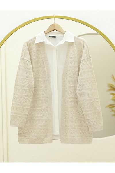 Modamorfo Mixed Patterned Openwork Knitwear Cardigan - Stone