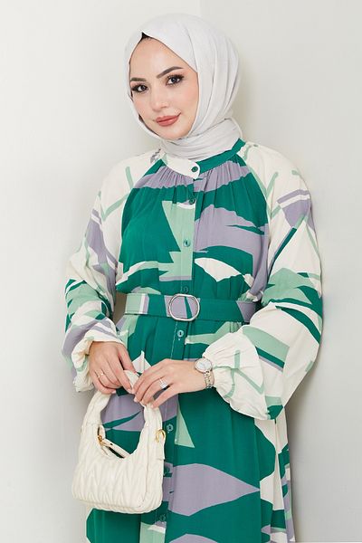 InStyle Botanical Pattern Dark Green Viscose Dress