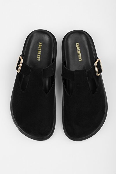 Shoeberry Women's Rolie Black Suede Buckle Detailed Slippers
