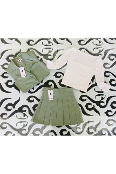 Marka Sensin Kids Girl's Special Design Fabric Covered Button Detailed Padded Vest White Badi Pleated Skirt 3-Piece Set