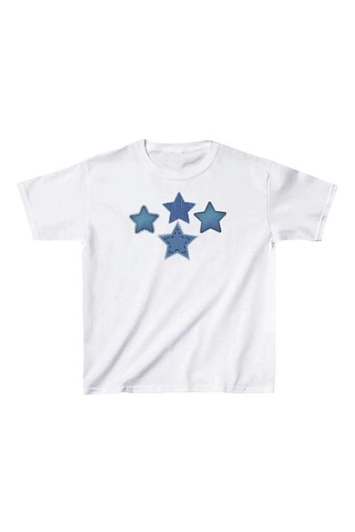 1blood Belt Length Denim Star Printed Crop Blouse