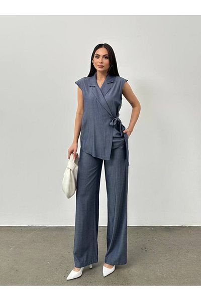 STEPS Side Tie Double Breasted Blouse and Trousers Suit