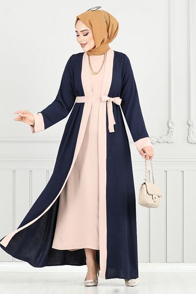 ModaMerve Beli Belted Abaya Suit 0339Bgs895-M Navy