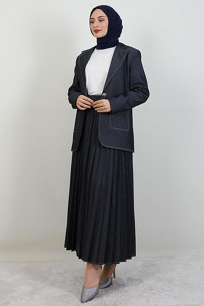 giz astore Pleated Skirt Denim Suit Dark Blue