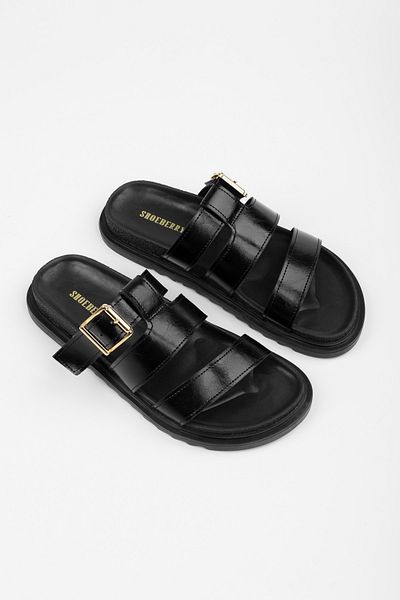 Shoeberry Women's Loine Black Skin Thick Belted Slippers