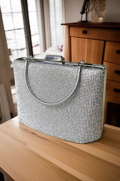 Famels Evening Dress Bag Bucket Model with Stones Evening Dress Bag for Weddings and Special Moments with Handle and Handbag