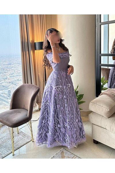 ALANOOD FASHION فستان سهرة أنيق بلون الموف والكحلي بتصميم عصري فخم