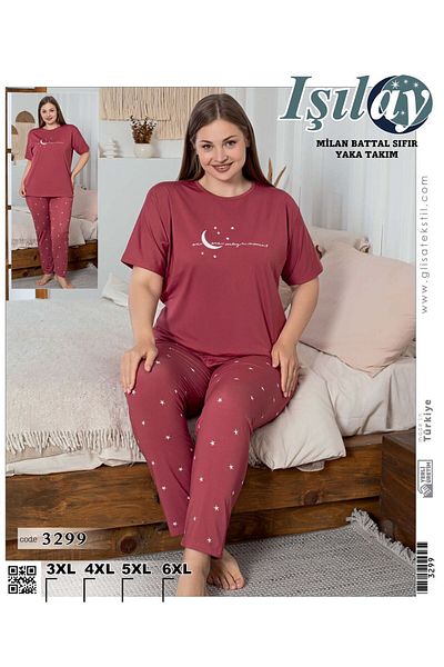 Işılay Milan Fabric High Piremium Quality Large Size O-Neck Battal Short Sleeve Pajama Set-