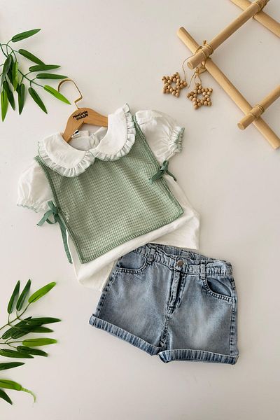 Minigimin Cicileri Little Girl's Cicileri Ayrobin Shirt, Mesh Accessory, Vest, Girl's 3-Piece Set - Green