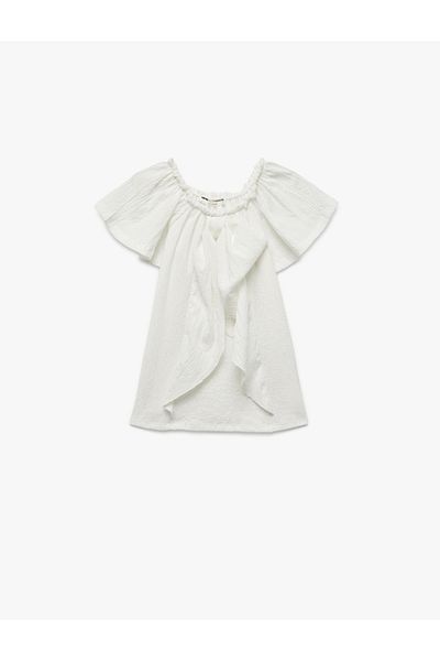 Koton Wrap-Around Fabric Bow Off-The-Shoulder Ruffle Short Sleeve Blouse