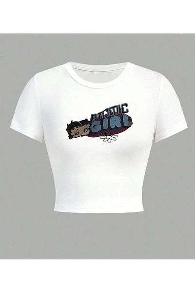1blood Atomic Girl Printed White Body Crop Blouse