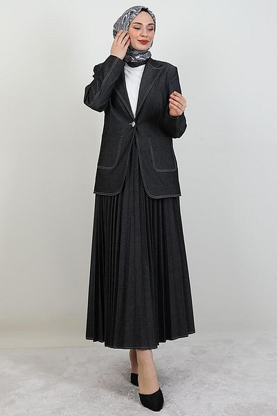 giz astore Pleated Skirt Denim Suit Dark Gray