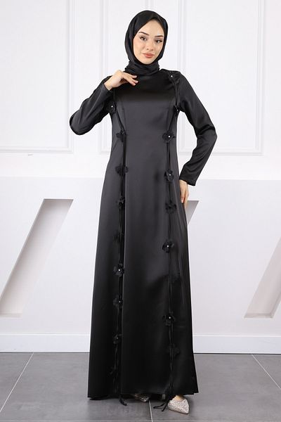 İmajButik Μαύρο λουλούδι λεπτομερές σατέν βραδινό φόρεμα