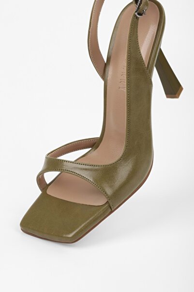 Shoeberry Women's Tobian Oil Green Skin Heeled Shoes