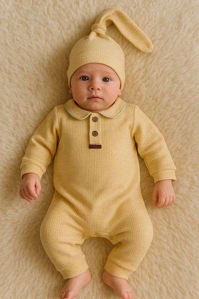 Babydonat Waffle patterned collared baby boy jumpsuit % 100 cotton