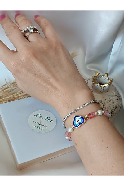 La fee aksesuar Natural Stone & Pearl Bracelet Pink Frosted Quartz Heart Evil Eye Intermediate Apparatus