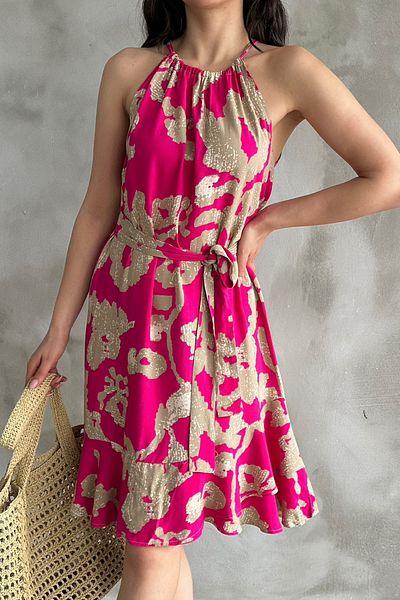 Mila Fuchsia Patterned Belted Short Dress