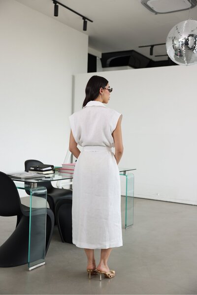 Özge Özgenç Premium Gold Buttoned Belted Linen Dress