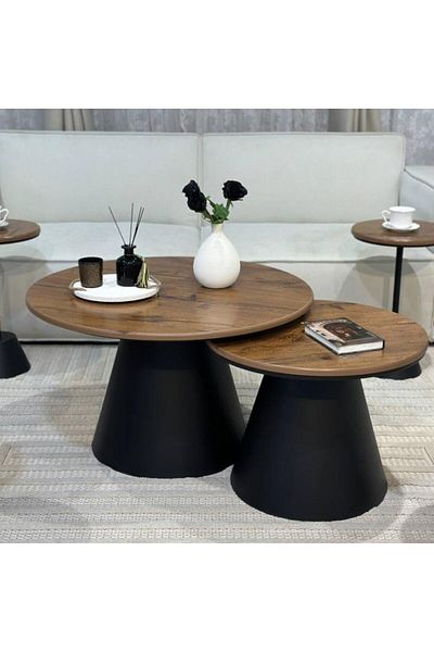 l'elefante Set Of 6 Nested Coffee And Side Tables With Solid Wooden Surface And Metal Base