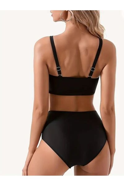 TRAJE DEN Yan Büzgülü Karın Örtüklü Yüksek Bel Tek Renk Bikini Takımı