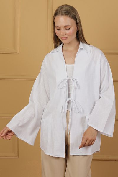 PASTELASTORE 100% Cotton Linen Pocket Lace-Up Women's Kimono 1165 – Shirt Collar, Breathable Fabric