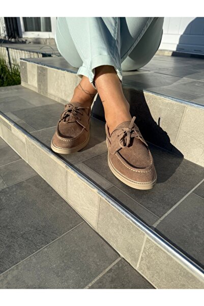 BURCU COLLECTİON Sandra Lace Detailed Mink Suede Women's Loafer