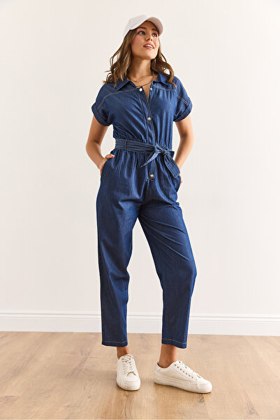 Olalook Kadın Mavi Cepli Kuşaklı Yarasa Model Denim Tulum TLM-19000161