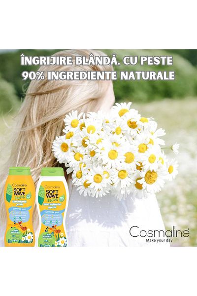 COSMALINE Pachet Sampon 400ml si Balsam 400ml Soft Wave Kids, >90% ingrediente naturale, copii, musetel