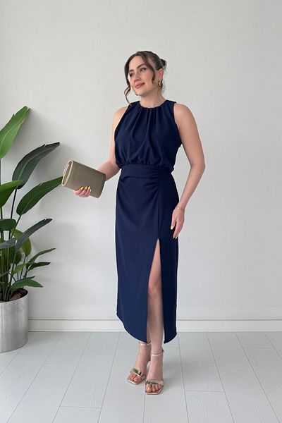 MaziButik Flowing Top Slit Dress Navy Blue
