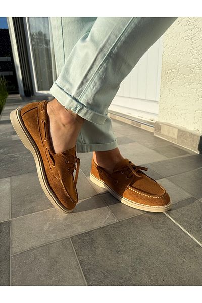 BURCU COLLECTİON Sandra Lace Detailed Tan Suede Women's Loafer