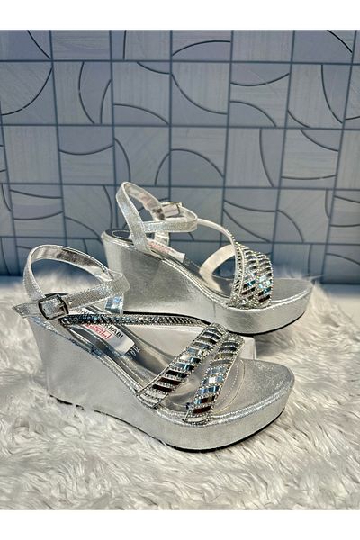 Anıl Ayakkabı Lg 442 Silver Gray Plastering Pattern Two Band Stone Single Band Detail Wedge Heel Casual Evening Dress Stylish Shoes