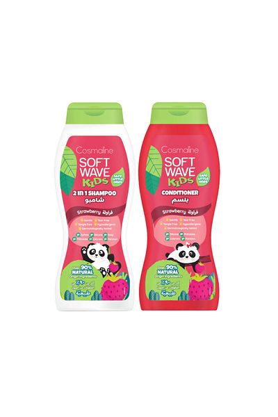 COSMALINE Pachet Sampon 400ml si Balsam 400ml Soft Wave Kids, >90% ingrediente naturale, copii, capsune