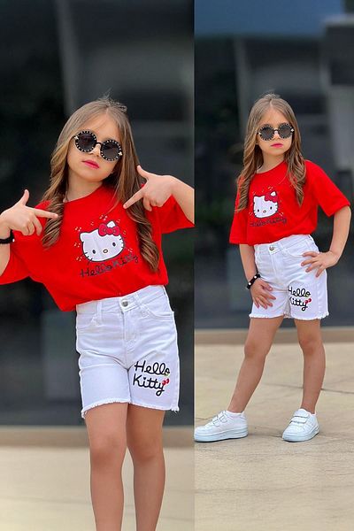 Minigimin Cicileri Miniğimin Cicileri Hll Kty Printed Denim Shorts Girls 2-Piece Set - Red