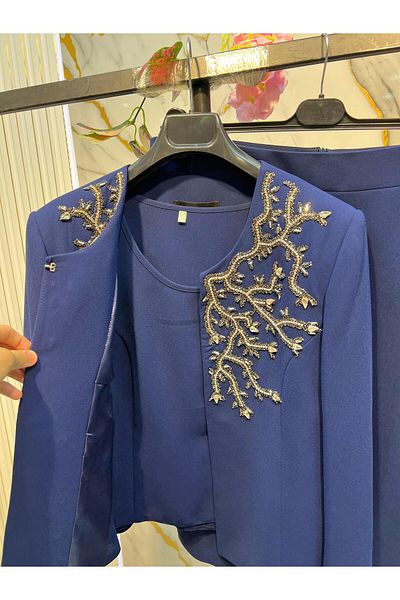 MİSS DİAMOND Breast Stone Embroidered Long Sleeve Crepe Fabric Navy Blue Triple Short Skirt Suit