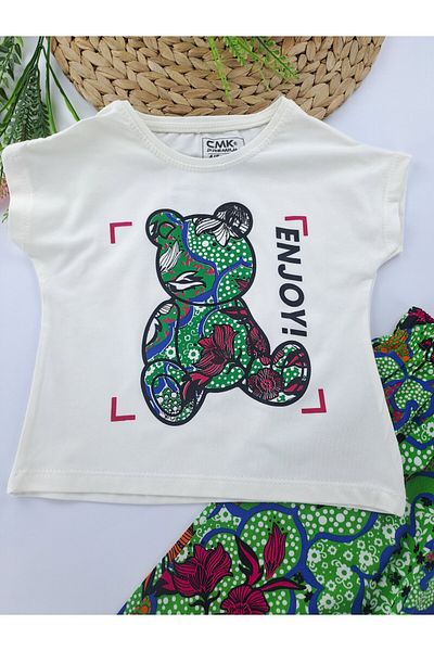 Cmk Kids club Girls' Pants T-Shirt Double Set Summer Green Orange Pink Blue Burgundy Color Options