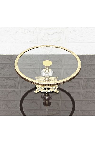 atabey home Glass Round Small Serving Plate 20 cm - Presentation Cast Gold Frame and Cast Foot