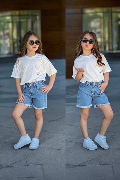 Minigimin Cicileri Mini Girl's Jeans Suit with Flower Stone Pattern - Blue