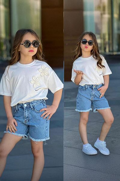 Minigimin Cicileri Mini Girl's Jeans Suit with Flower Stone Pattern - Blue