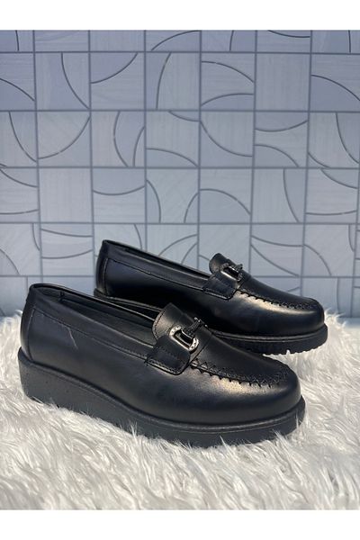 Anıl Ayakkabı Napa 092 Women's Black Genuine Leather Comford Buckle Detail Wedge Heel Daily Orthopedic Casual Shoes