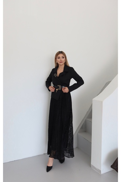 1Moda1Tarz Kadın İthal Kumaş Yaka Aksesuar Detay Kemerli Alt Güpür Özel Tasarım Elbise