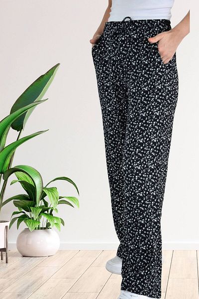Mood Lab Women's Elastic Waist Black Floral Printed Wrap Palazzo Trousers
