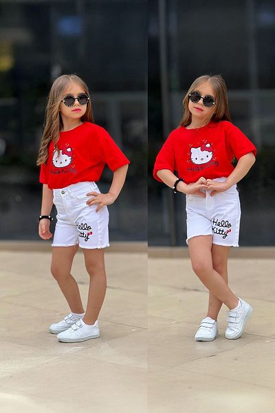 Minigimin Cicileri Miniğimin Cicileri Hll Kty Printed Denim Shorts Girls 2-Piece Set - Red