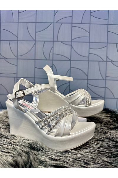 Anıl Ayakkabı Ves 670 Women's Skin Cross Three Stripes Stone Detail Laced Wedge Heel Daily Evening Dress Stylish Shoes