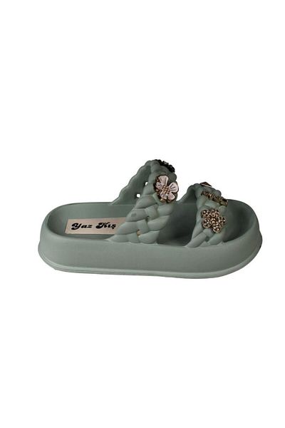 Yaz Kış Ayakkabı Yazkiş Women's Black Cream Green Gray Double Striped Rubber Sea Beach Pool Slippers with Stones on Top