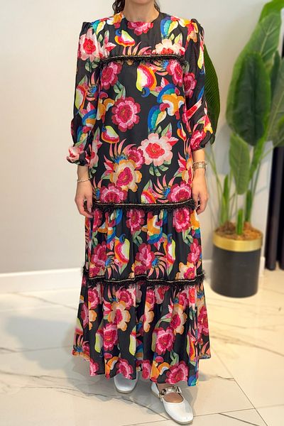 Missemramiss Straight Line Dress Flower Pattern 4774 Black