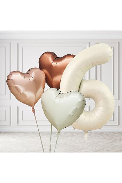 tedaks 6 Years Old Retro Cream Beige Brown Heart Balloons Set with Cream Figures Birthday Balloon Stylish Party Ornament