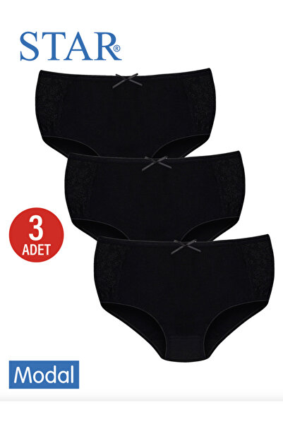 Star سروال داخلي نسائي مكون من 3 قطع باللون الأسود مع تفاصيل من الدانتيل